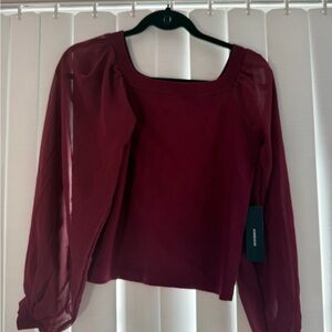 Lulu's Burgundy Sheer Sleeve Blouse